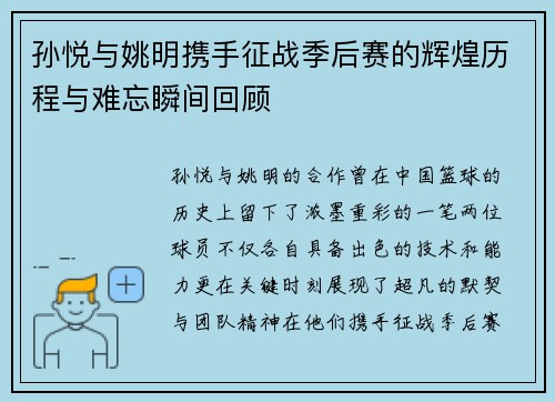 孙悦与姚明携手征战季后赛的辉煌历程与难忘瞬间回顾