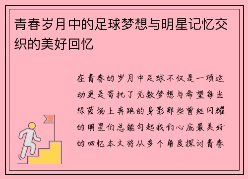 青春岁月中的足球梦想与明星记忆交织的美好回忆